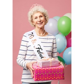 CIEHER 70th Birthday Set: Crown + Sash, Decorations, Gifts, Photo Booth Props for Her Fabulous 70th