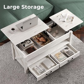 Seventable Coffee Table, 47.2" Lift Top Coffee Table with 2 Storage Drawers and Hidden Compartment, Retro Center Table with Wooden Lift Tabletop for Living Room, Gray