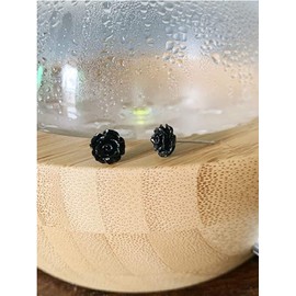 Delicate Largle Black Purple Red Floral Blooming 3D Carved 10MM Resin Rose Flower Post Stud Earrings For Women Lightweight(Multiple Colors Available) (Black)
