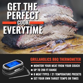 Grillaholics Meat Thermometer for Grilling - Remote Wireless Digital Meat Cooking Thermometer for Smoking, BBQ, Oven & Smokers - 200 Foot Range - Lifetime Manufacturers Warranty