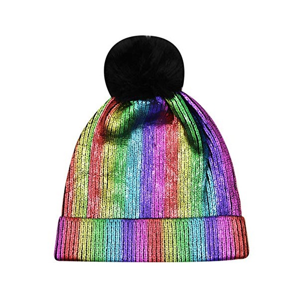 BabyPrice Women Girls Metallic Knitted Winter Beanie Hat Slouchy Faux Fur Pom Pom Skull Cap (Multicolored)