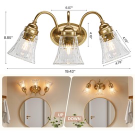 1Easylife 3-Light Bathroom Light Fixtures, Modern Wall Lights with Glass Shades, Bathroom Vanity Gold Wall Sconce Lamp for Bedroom, Living Room, Hallway, Over Mirror (E26 Base)