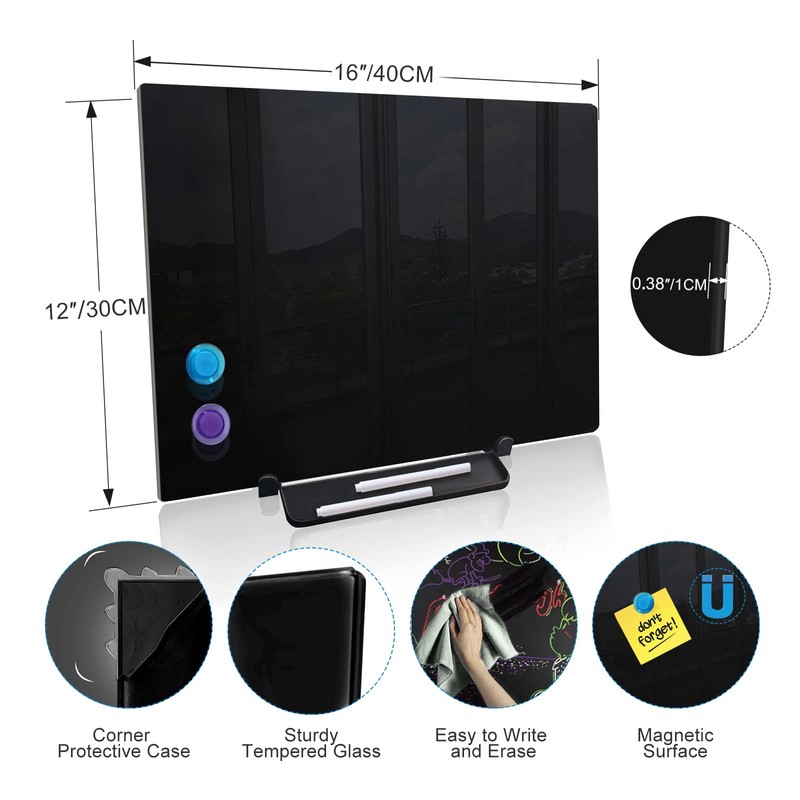 Black Magnetic Glass Board Desktop Easel, 16x12 Black Dry Erase