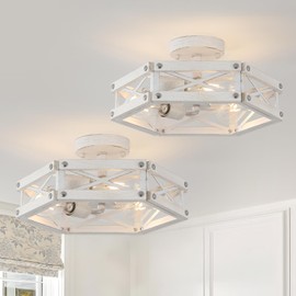 2 Pack 3-Light Modern Farmhouse Wood Flush Mount Ceiling Light Fixture Rustic Distressed Wood and Metal Cage Semi Flush Mount Ceiling Light for Hallway Entry Bedroom Farmhouse, Antique White