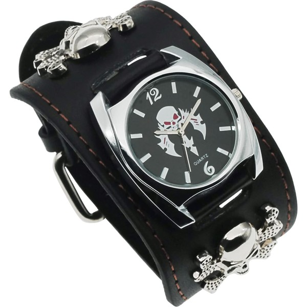 Good Leather Punk Skull Quartz Men's Wrist Watch,Big Dial Skull