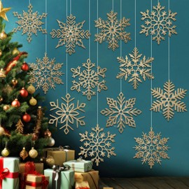 Sratte 40 Pieces Large Plastic Snowflakes Christmas Ornaments Set Glitter Xmas Snowflake Hanging Bulk 10 Designs Decorations with Nylon Thread for Home Christmas Tree Winter Party Favors (Gold)