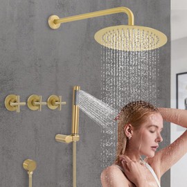 Shower System Gold Shower Faucet Set with 10 Inch High Pressure Round Rain Shower Head and Handheld Shower, Adjustable Hot&Cold Water Wall Mounted Rainfall Shower Complete Kit, Rough-in Valve Included