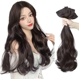 ORSUNCER Long Wig, Collar, Curled, Collar, Heat Resistant, Natural Hair Extension, Set of 3, Clip Included, 17.7 / 21.7 inches (45 cm) / 21.7 inches (55 cm), Dark Brown