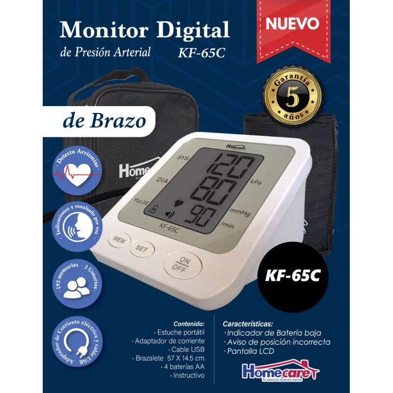 Medidor de Presión Arterial Homecare KF-65C Baumanómetro Blanco pantalla digital