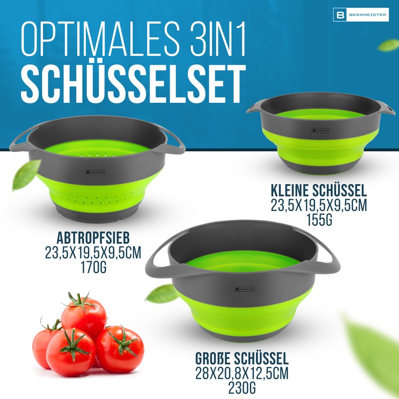 Bergmeister Foldable Bowl Set 3-in-1 with Colander, Noodle Strainer 1.7