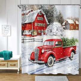 Winter Truck Shower Curtain Red Retro Truck Xmas Pine Tree Snowflake Christmas Polyester Fabric Shower Curtain Set with Hooks Winter Holiday Farmhouse Waterproof Bath Curtain Decor 72X72 Inch