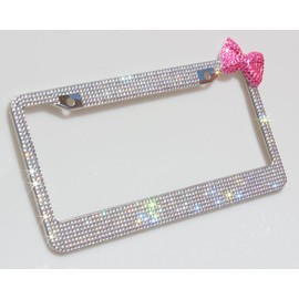 Carfond Pure Handmade 1000pcs 8 Facets Waterproof Bling Bling Rhinestones Stainless Steel License Plate Frame Bonus Matching Screws Caps (Clear/hotpink bowknot)