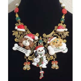 Vintage Christmas Dogs Trees Handmade Bib Necklace Earrings One of a Kind