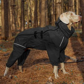 Dog Raincoat with Side Zipper Reflective Tape and Leash Holes,Waterproof Windproof Dirt-Resistant Warmth Dog Jacket with Elasticized Belly and Cuff Designs, Four Legs Design, Elastic Edge- Black M