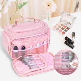 HDKJDPG Pink Large Makeup Bag Organizer with Brush Storage，Travel Makeup Bag with Compartments for Travel Cosmetic Bags for Women