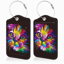 Mazumbuy 2 Pcs Cute Cat Luggage Tags for Suitcases PU Leather Colorful Art Kitten Animal Baggage Tags Name ID Label with Privacy Cover and Stainless Steel Loop for Men Women Travel Bag Suitcase