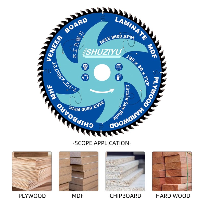 LSHUZIYU, 190mm 72T, Thin Kerf 1.6mm. Arbor 30mm with 25.4-22.23-20mm