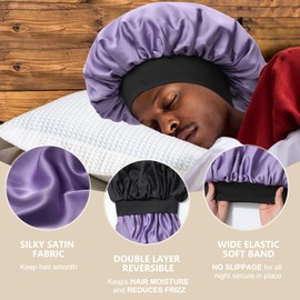 Satin Bonnet for Men Sleeping 2 Layer Silk Hair Bonnets with Wide Band Reversible Nightcap for Unisex Sleep Cap Hair Wrap (Black/Purple)