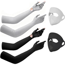 2 Pares Guantes para Manejar Mujer con Protección UV + 2 Mascarillas Faciales Solares, Seda Helada Transpirable Antideslizante Táctil, Guantes de Sol para Conducir Ciclismo Running al Aire Libre