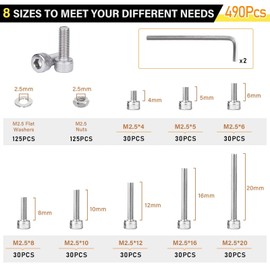 Zmbroll M2.5 Hex Socket Head Cap Screw 490 Pcs Machine Screws 304 Stainless Steel Small Screws M2.5x4/5/6/8/10/12/16/20mm Metric Hex Bolt Nuts Washers with Wrench Key