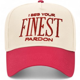 I Beg Your Finest Pardon Vintage Trucker Hat | Premium Snapback Hat for Men & Women (US, Alpha, One Size, Red/Natural)