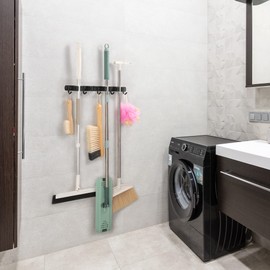 2 Pack Broom Holder Wall Mount, Thickened SUS304 Broom Organizer Wall Mount, Broom Holder Wall Mount Self Adhesive, Broom Holder for Home, Kitchen, Laundry Room, Garage (4 Racks 5 hooks, black)