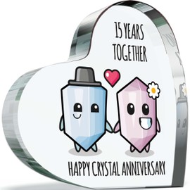 15th Anniversary Plaque Gifts for Wife Husband - Happy Crystal Anniversary - I Love You Romantic Acrylic Heart Gift For Women Men, 100mm x 100mm Present For Couples Fifteenth Wedding Anniversaries