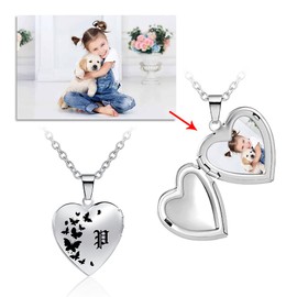 LuxglitterLin Butterfly Photo Locket Necklace that Holds Pictures Old English Font Initial P Alphabet Letter Heart Shaped Memory Locket Pendant