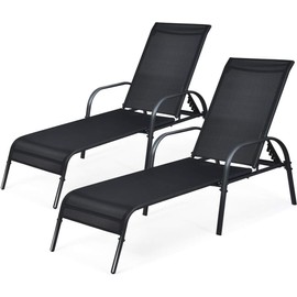 HOMGX Lounge Chair Outdoor Set of 2, 5-Position Adjustable Tanning Patio Chair with Armrests, Reclining Chair with Sturdy Steel Frame, Chaise Lounge Chair for Outside Beach, Pool, Camping, Black