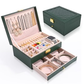 Jewellery Box, 2 Tier Jewellery Storage, Jewellery Box, Travel PU Leather, Jewellery Box for Women, Jewellery Boxes for Rings, Earrings, Necklaces and Watches (Green)