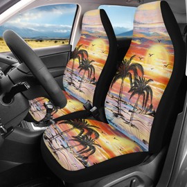 Quelytytrip Sunset Palm Trees Print Car Seat Cover,Hawaiian Style Front Seat Covers 2 Pack,Universal Fit for Most Vehicle,SUV