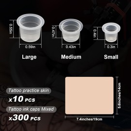 Tattoo Practice Skins with Mixed Ink Cups - Autdor 310Pcs Tattoo Fake Skin and Ink Caps Kit Includes Mixed 300Pcs Pigment Ink Cups #9 Small #13 Medium #16 Large and 10Pcs Tattoo Skin