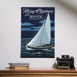 Lantern Press 16x24 Inch Giclee Print, Mystic, Connecticut, Christmas Lights Sailboat