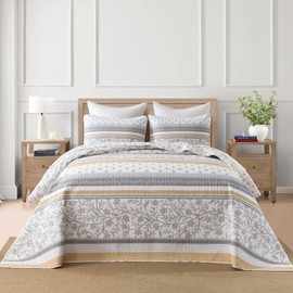FineStichery Oversized Quilt Bedspread Coverlet Set, 120"x120" 100% Cotton Extra Large Quilt, Farmhouse Floral Pattern, Lightweight Quilted Bedding Set with 2 Pillowcases, Yellow/Gray/White