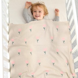 Hadetoto Baby Blanket 100% Cotton Knitted Blankets Soft Cosy Baby Blankets for Newborn (100x80cm) (Floral-Beige)