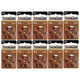 HearClear Size 312 ZA 1.45V Hearing Aid Batteries (60 Pack) + Battery Holder
