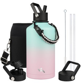 Konokyo Insulated Water Bottle with Straw,87 oz 3 Lids Water Jug with Carrying Bag,Paracord Handle,Double Wall Vacuum Stainless Steel Metal Flask,Gum
