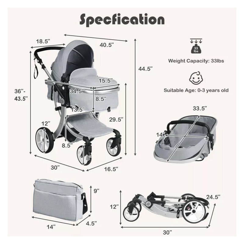 Costway 2-in-1 Foldable High Landscape Infant Stroller W/ Diaper Bag