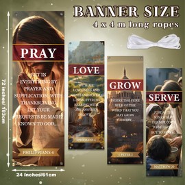 4Pcs Church Banners for Sanctuary Wall Welcome Religious Banners Hanging Backdrop Yellow Serve Grow Love Pray Signs Bible Verses Banner Scripture Church Hanging Signs for Sunday School Decor