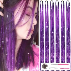 MISSUHUI 6 Pieces Fairy Hair Tinsel Kit with Tools 48 Inch 1200 Strands Glitter Tinsel Hair Extensions Sparkling Shiny Hair Tinsel Strands Kit Heat Resistant for Women Girls Children (Purple Set)