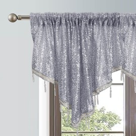 WUBODTI Silver Sequin Curtain Valances for Windows 1Pcs, Rod Pocket Grey Triangle Glitter Beaded Kitchen Swag Curtain Boho Tassels Window Valances for Living Room, Wedding & Party, W51 x L24