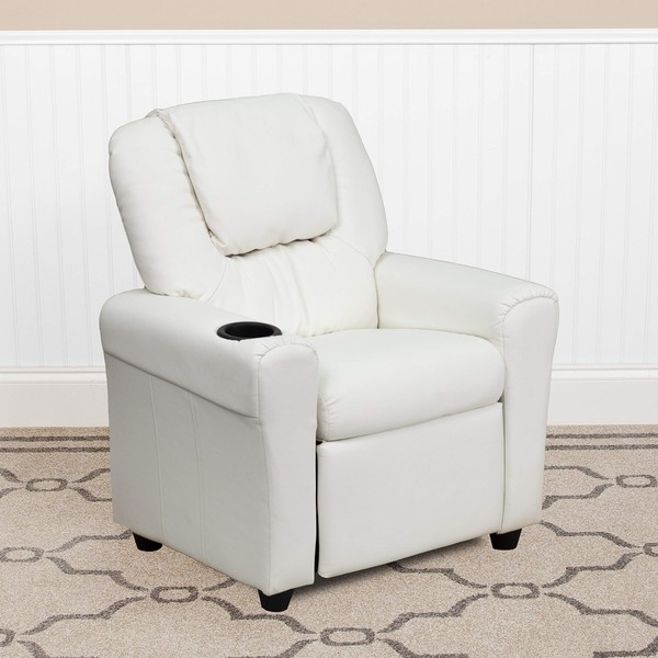 EMMA + OLIVER White Vinyl Kids Recliner with Cup Holder and Headrest