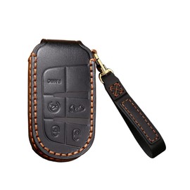 SANRILY 5 Button Leather Key Fob Cover for Jeep Grand Cherokee Dodge Challenger Charger Durango Journey Chrysler 300 200 Keyless Remote Keychain Holder Key Case Shell Black, Black, Medium