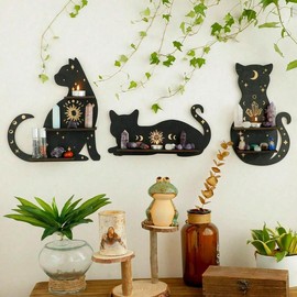 Wooden Moon & Cat Design Hanging Decor, 1 Count Creative Meditation Ornament For Home Wall Decor, Ramadan Decorations, Household Storage Shelf Display Rack for Room Accessories, Summer for Gifts - Color: Black & Golden, Specification: B
