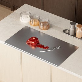 tonchean 304 Stainless Steel Chopping Board with Lip, 35.4”x 19.7” Large Steel Cutting Board with Rolling Pin, Metal Noodle Board Pastry Board Kneading Dough Board for Kitchen Restaurant