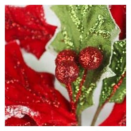 Factory Direct Craft Sparkling Velvet Red and Green Holly Leaves Spray for Holiday and Christmas Floral Decorations. | Size: 26-1/2" H