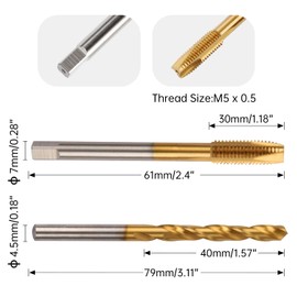 M5 x 0.5 Spiral Point Thread Tap with 4.5mm Twist Drill Bit Set,Metric Titanium Plated HSS 6542,High Precision Machine Threading Tool