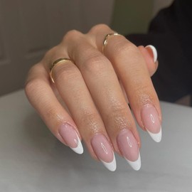 Almond False Nails - 30Pcs French Tip False Nails Oval - Nude Natural French Style Almond Press on nails - Medium Length Glossy Full Cover Glue on Nails - Removable Nail DIY Nail Art