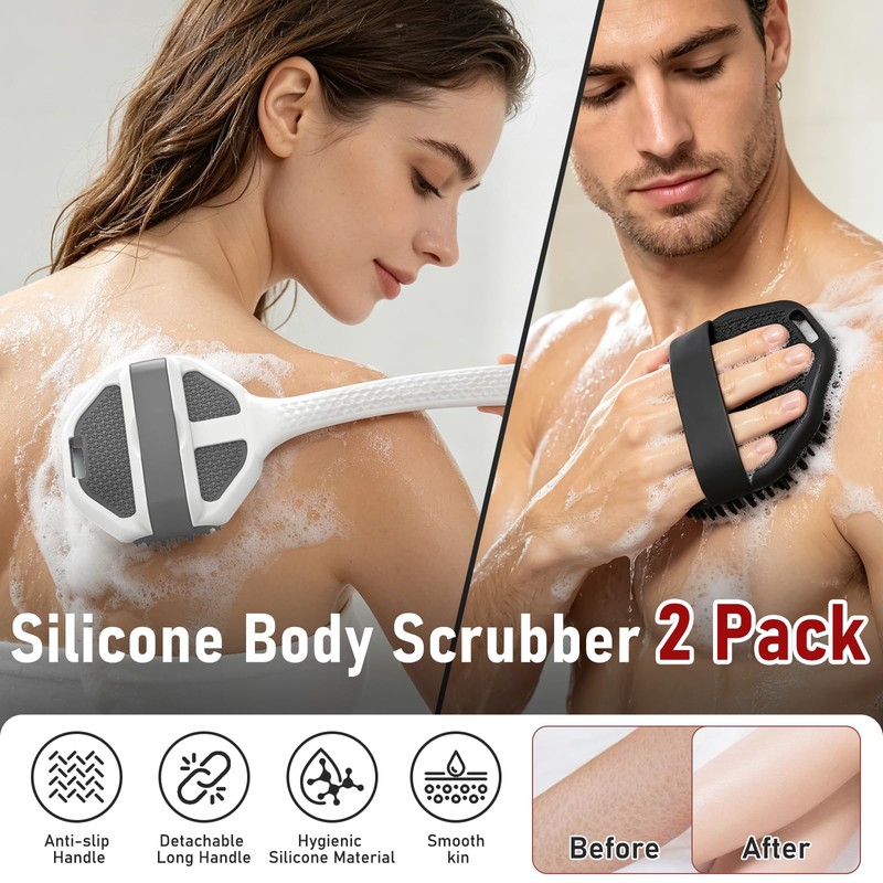 Back Scrubber for Shower with Long Handle, Exfoliating Body Scrubber