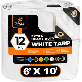 Heavy Duty White Poly Tarp 6' X 10' - Multipurpose Protective Cover - Durable, Waterproof, Weather Proof, Rip and Tear Resistant - Extra Thick 12 Mil Polyethylene - by Xpose Safety